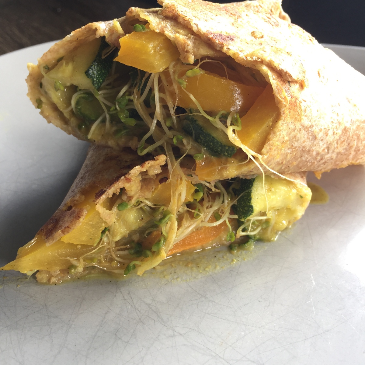 Toasty Curried Zucchini and Hummus Wraps